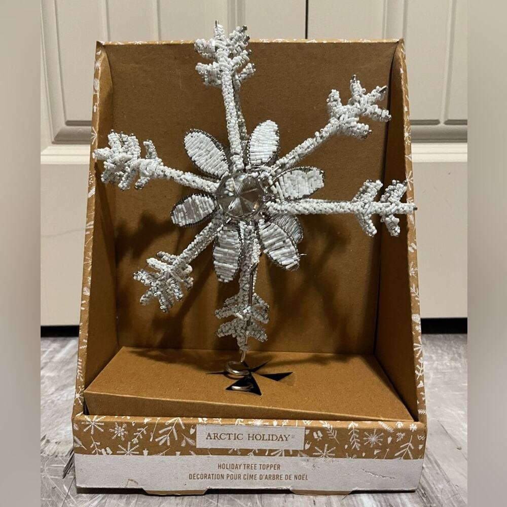 New Christmas Silver Tone Bling Beaded Rhinestone Star Tree Topper
